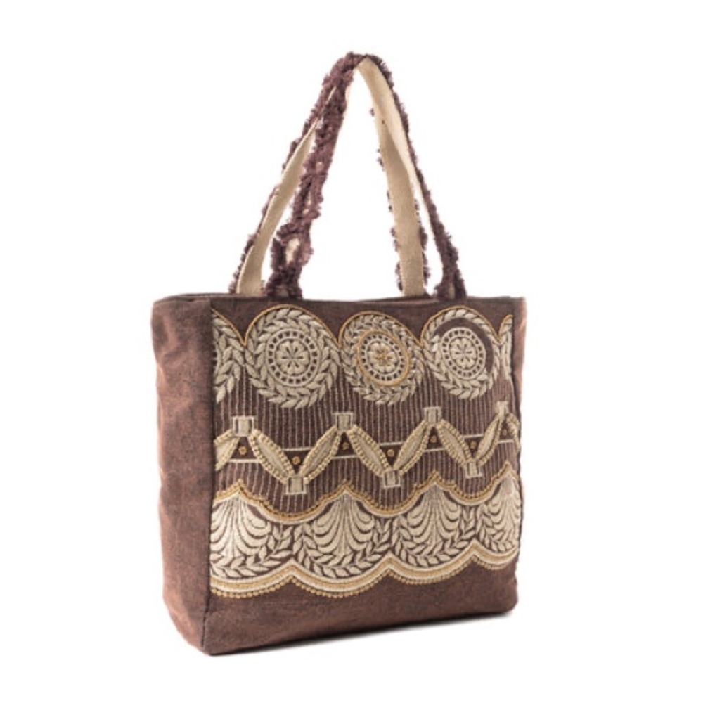 Myra Bag Brown Tote with Cream Embroidery - Picture 4 of 6